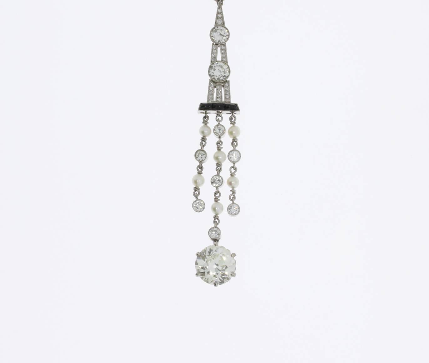 1920s Art Deco Onyx Pearl Diamond Platinum Pendant For Sale 1