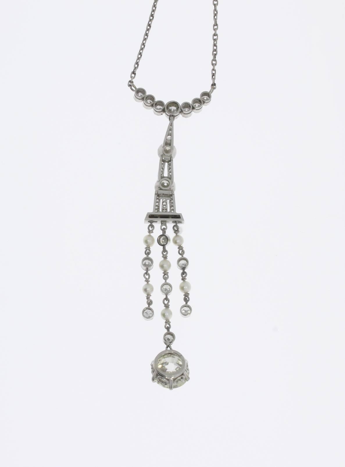 1920s Art Deco Onyx Pearl Diamond Platinum Pendant For Sale 2