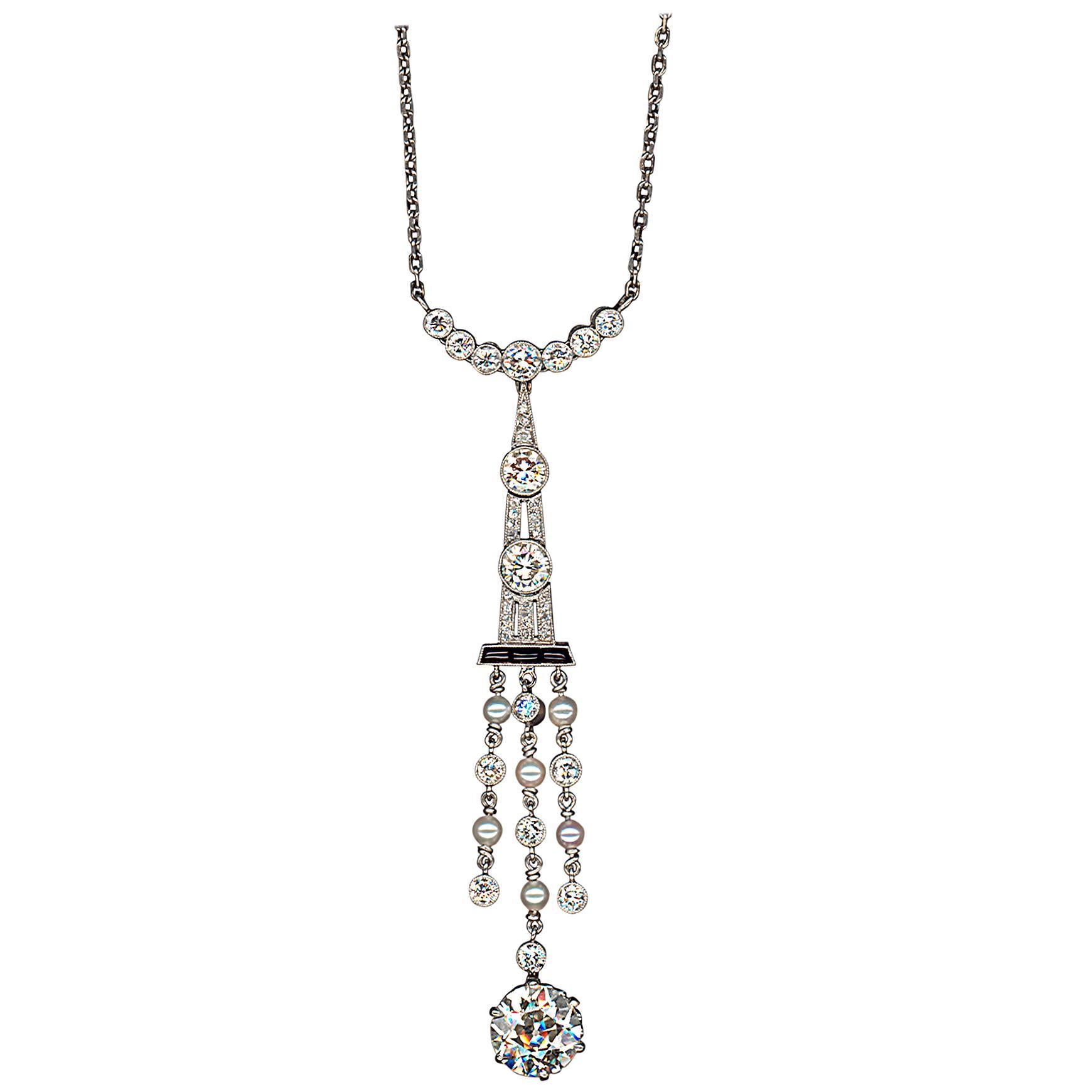 1920s Art Deco Onyx Pearl Diamond Platinum Pendant For Sale