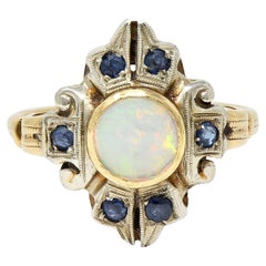 1920's Art Deco Opal Sapphire 10 Karat Two-Tone Gold Cluster Ring