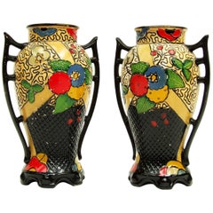 1920s Art Deco Oriental Hand Painted Ceramic Embosa Vases