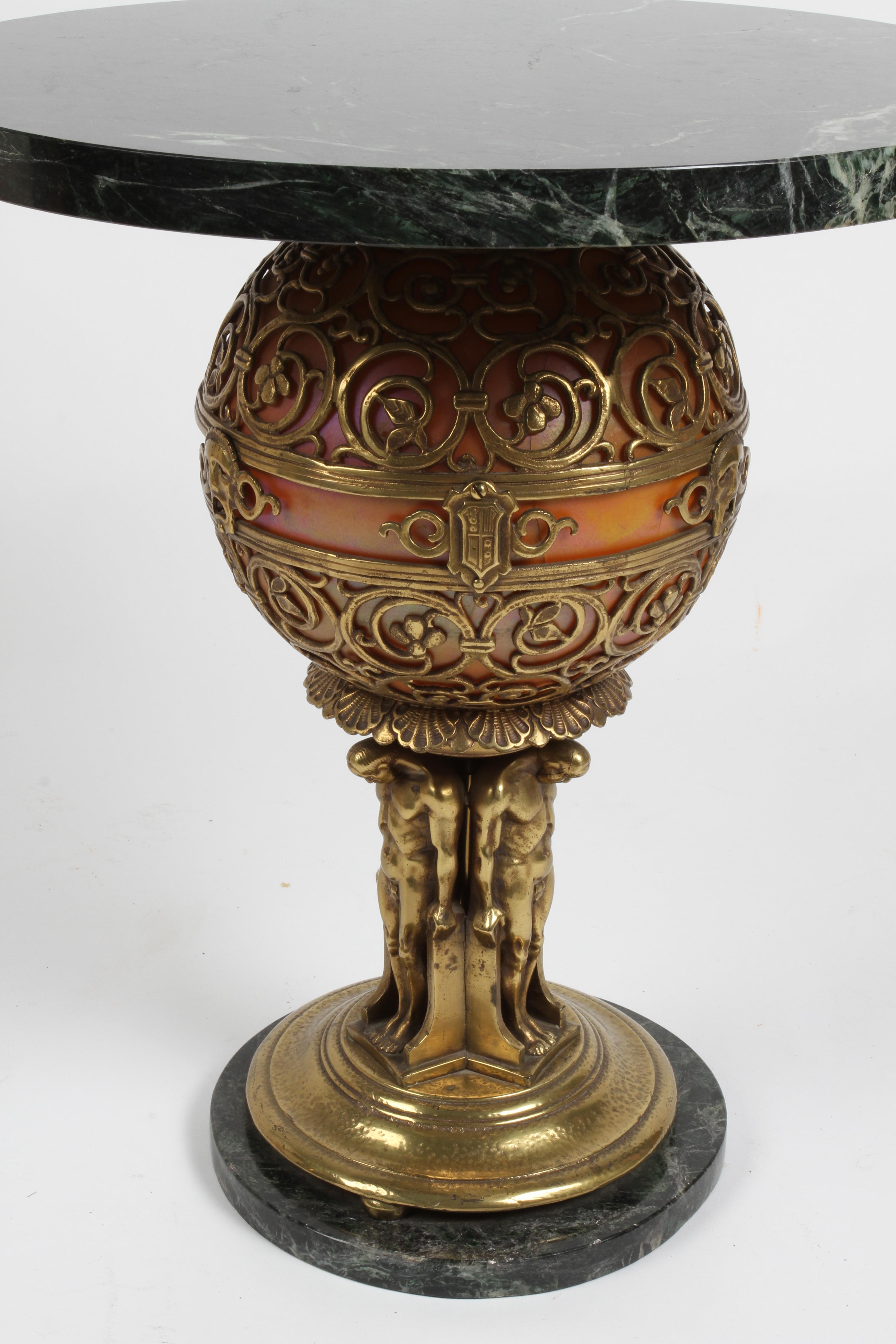1920s Art Deco Oscar Bach Bronze Art Glass Lamp Converted to Round Side Table  5