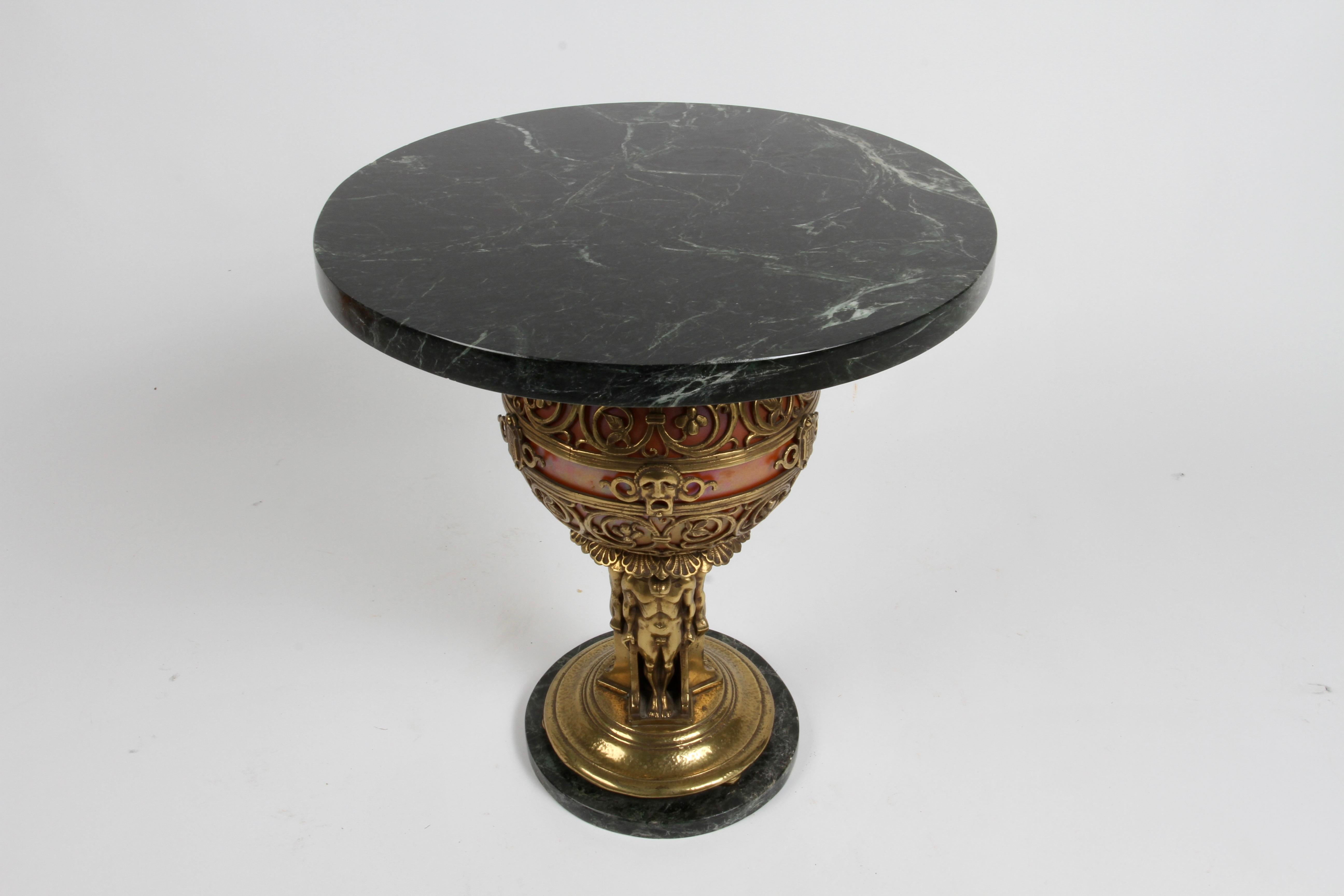 Impressive Art Deco designed Oscar Bach round occasional, side or end table with a Empress Green marble top plus base and bronze lamp base with original Steuben glass globe. This is possibly unique, a custom order, or possible a 70 year plus