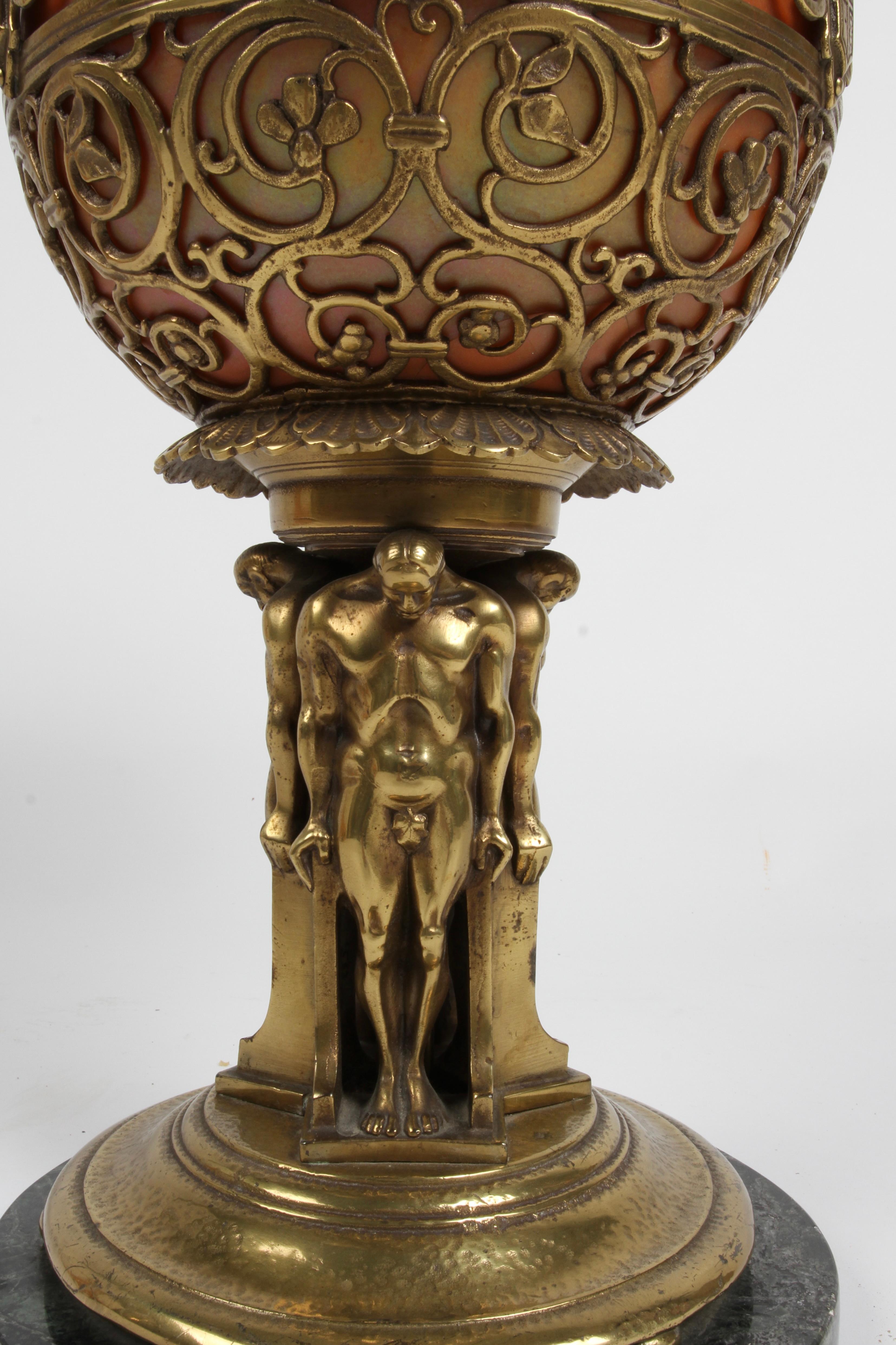 Early 20th Century 1920s Art Deco Oscar Bach Bronze Art Glass Lamp Converted to Round Side Table 