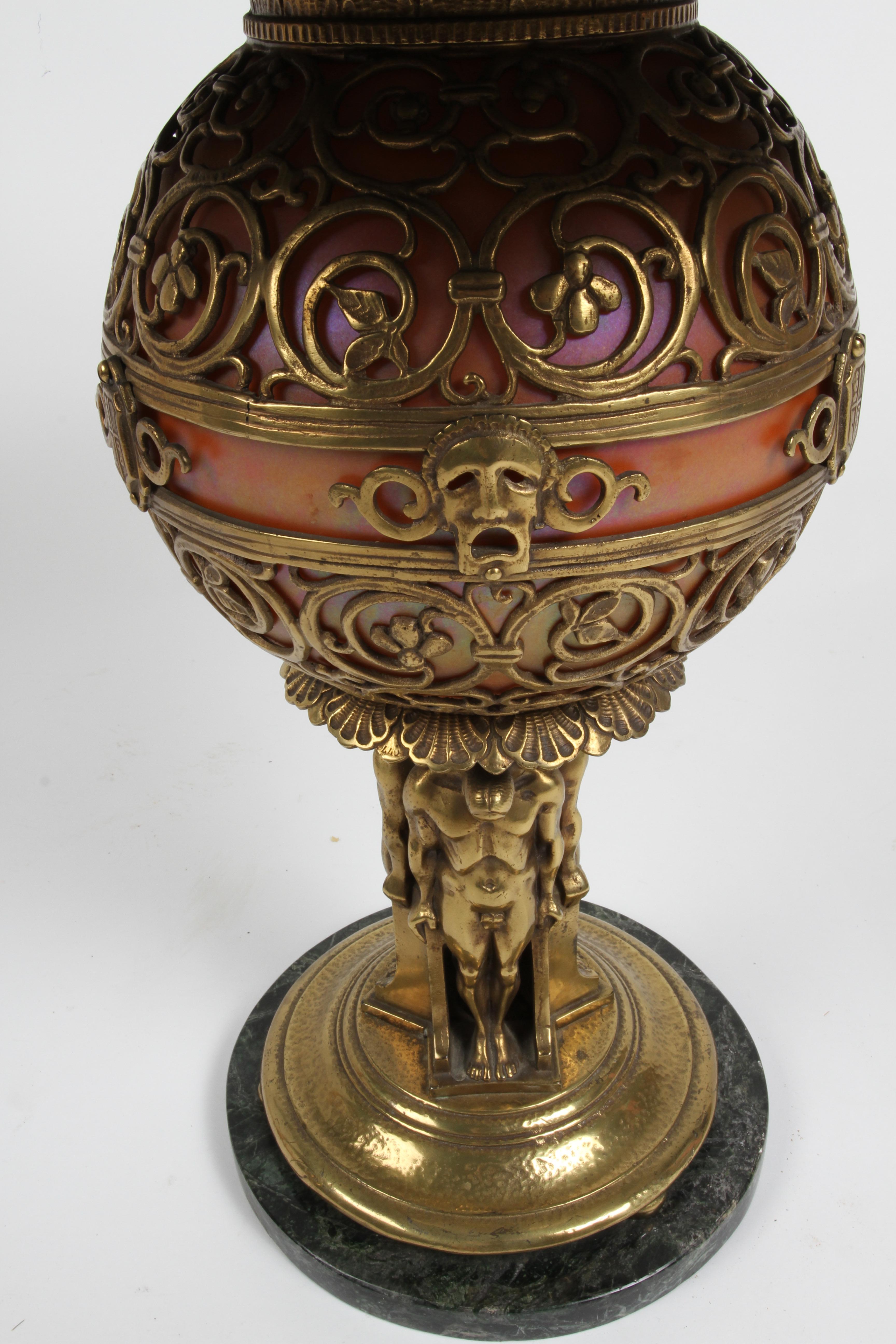 1920s Art Deco Oscar Bach Bronze Art Glass Lamp Converted to Round Side Table 4