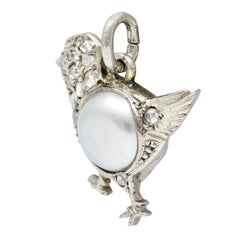 1920's Art Deco Pave Diamond Pearl Platinum Chick Charm