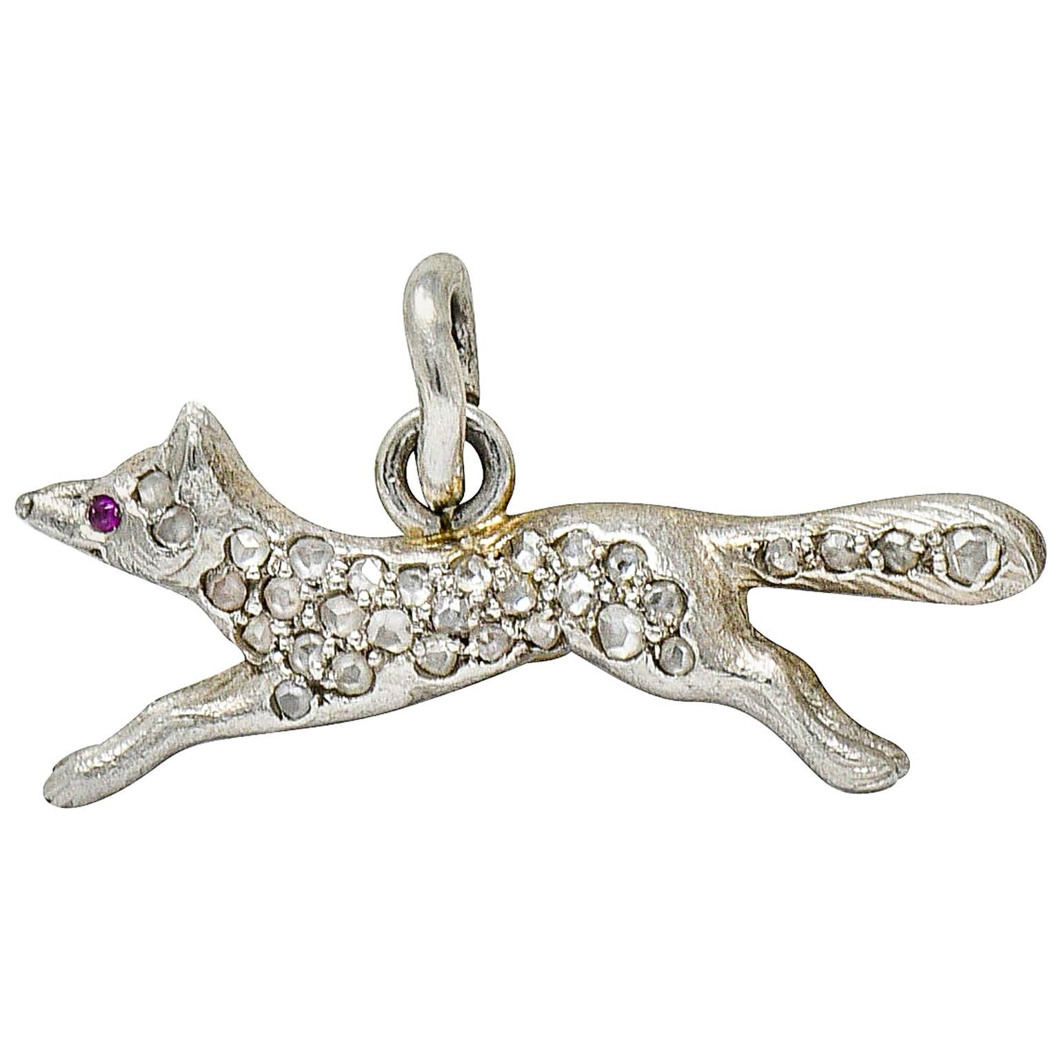 1920's Art Deco Pave Diamond Platinum Fox Charm