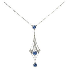 1920's Art Deco Pearl 1.00 Carat Sapphire Diamond Platinum Navette Necklace