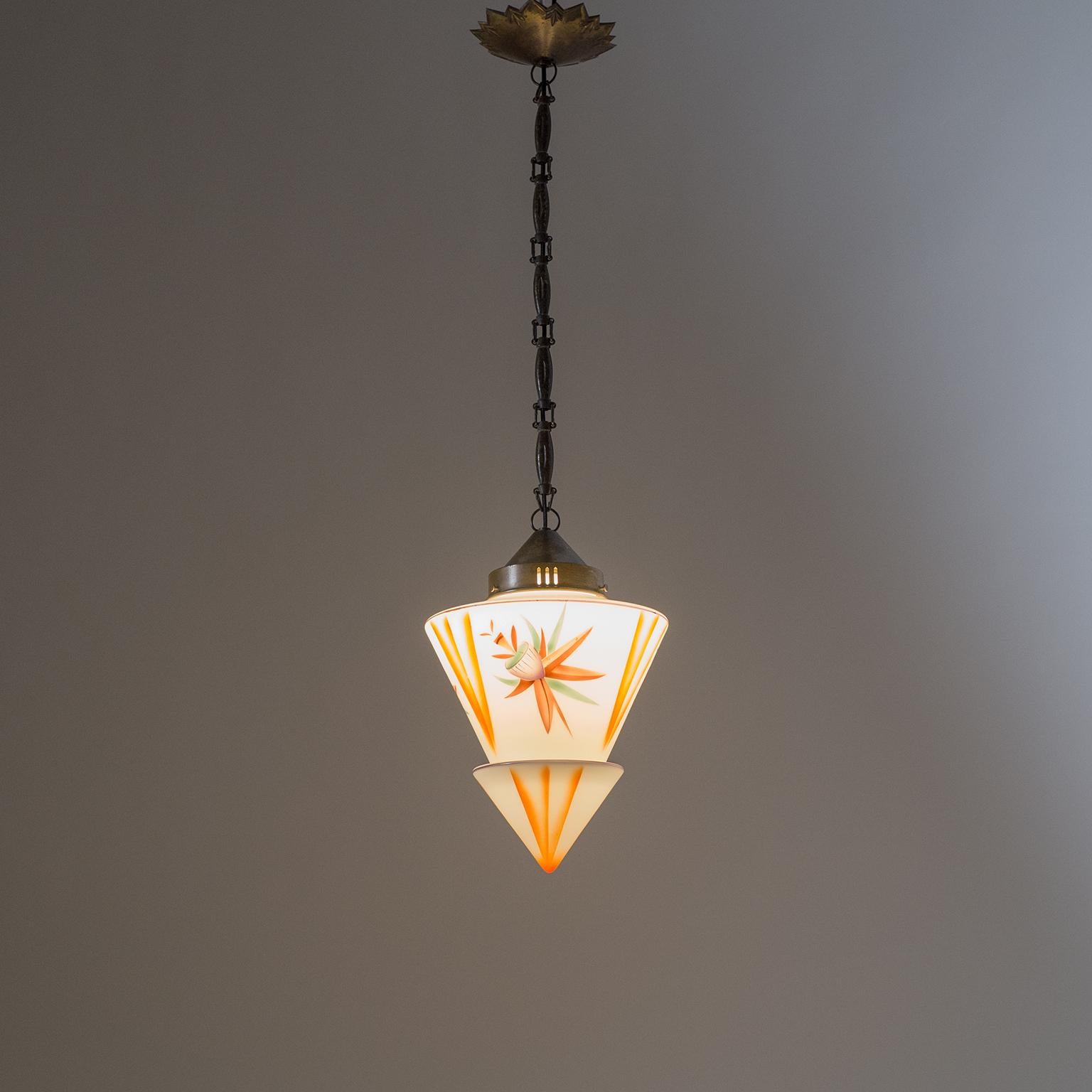 1920s Art Deco Pendant, Enameled Glass and Brass 6