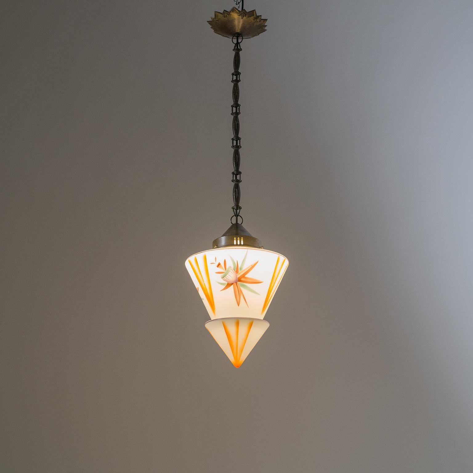 1920s Art Deco Pendant, Enameled Glass and Brass 11