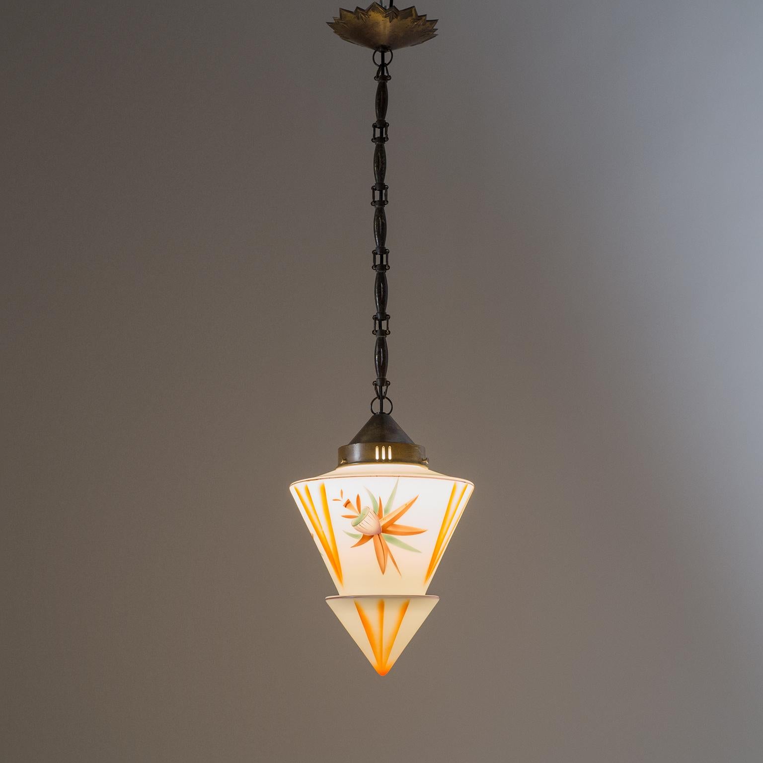 Early 20th Century 1920s Art Deco Pendant, Enameled Glass and Brass