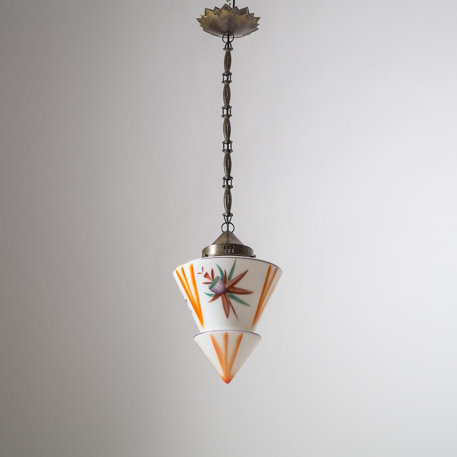 1920s Art Deco Pendant, Enameled Glass and Brass 1