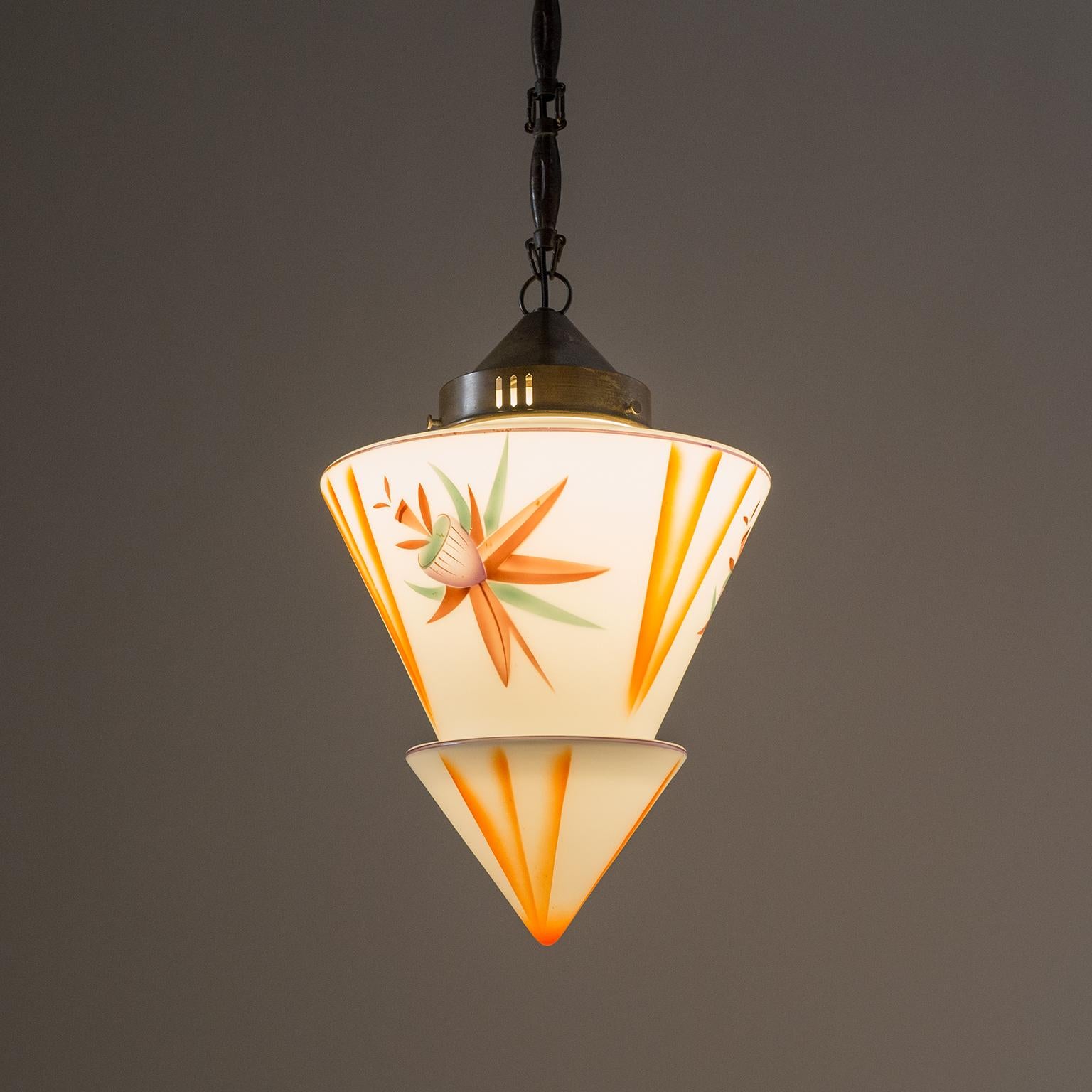 1920s Art Deco Pendant, Enameled Glass and Brass 4