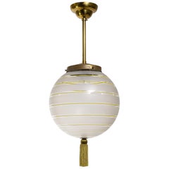 1920s Art Deco Pendant, Etched and Hand Painted Glass