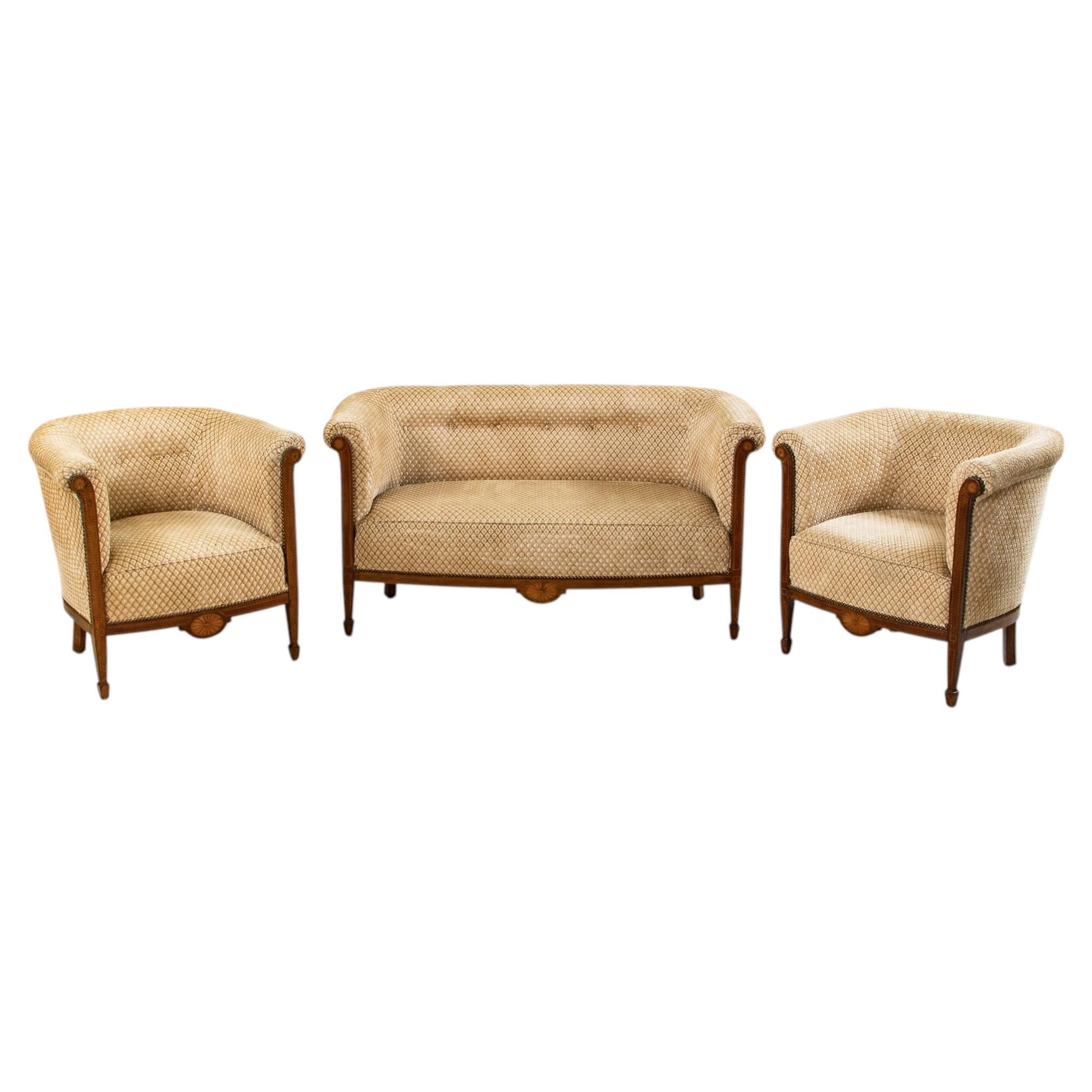 1920s Art Deco Period Mahogany Salon Set with Settee and Barrel Back Chairs