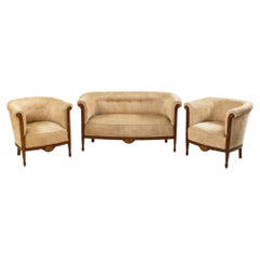 1920s Art Deco Period Mahogany Salon Set with Settee and Barrel Back Chairs