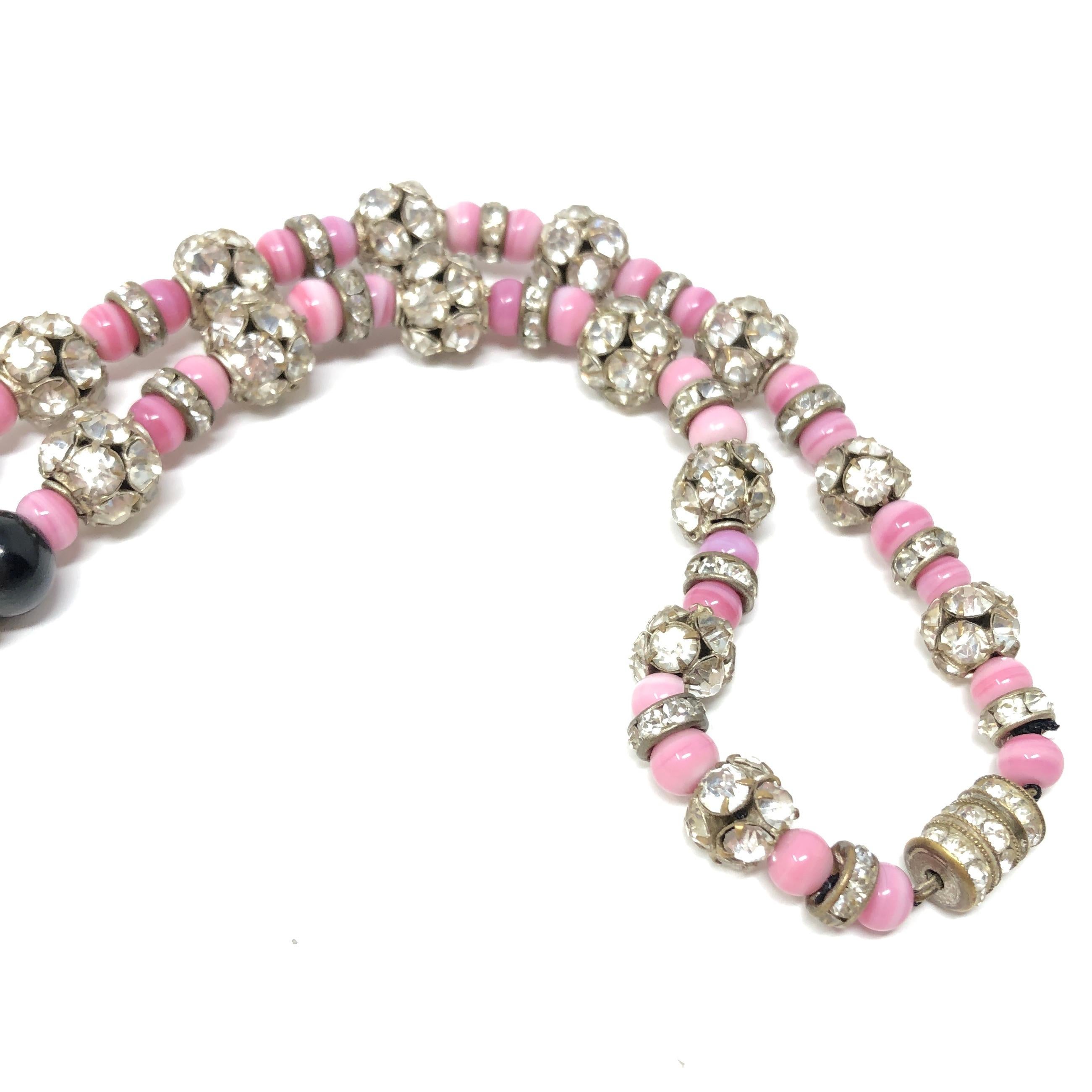 1920s Art Deco Pink and Black Glass Bead Rhinestone Vintage Flapper Necklace For Sale 5