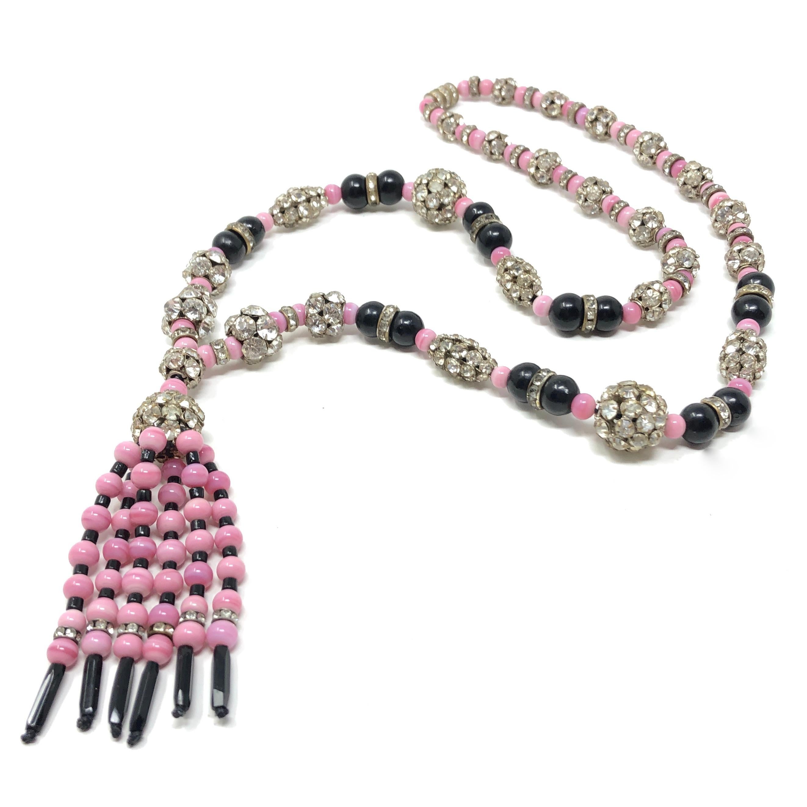 Collier flapper Art déco des années 1920 en perles de verre roses et noires et strass Bon état - En vente à Skelmersdale, GB