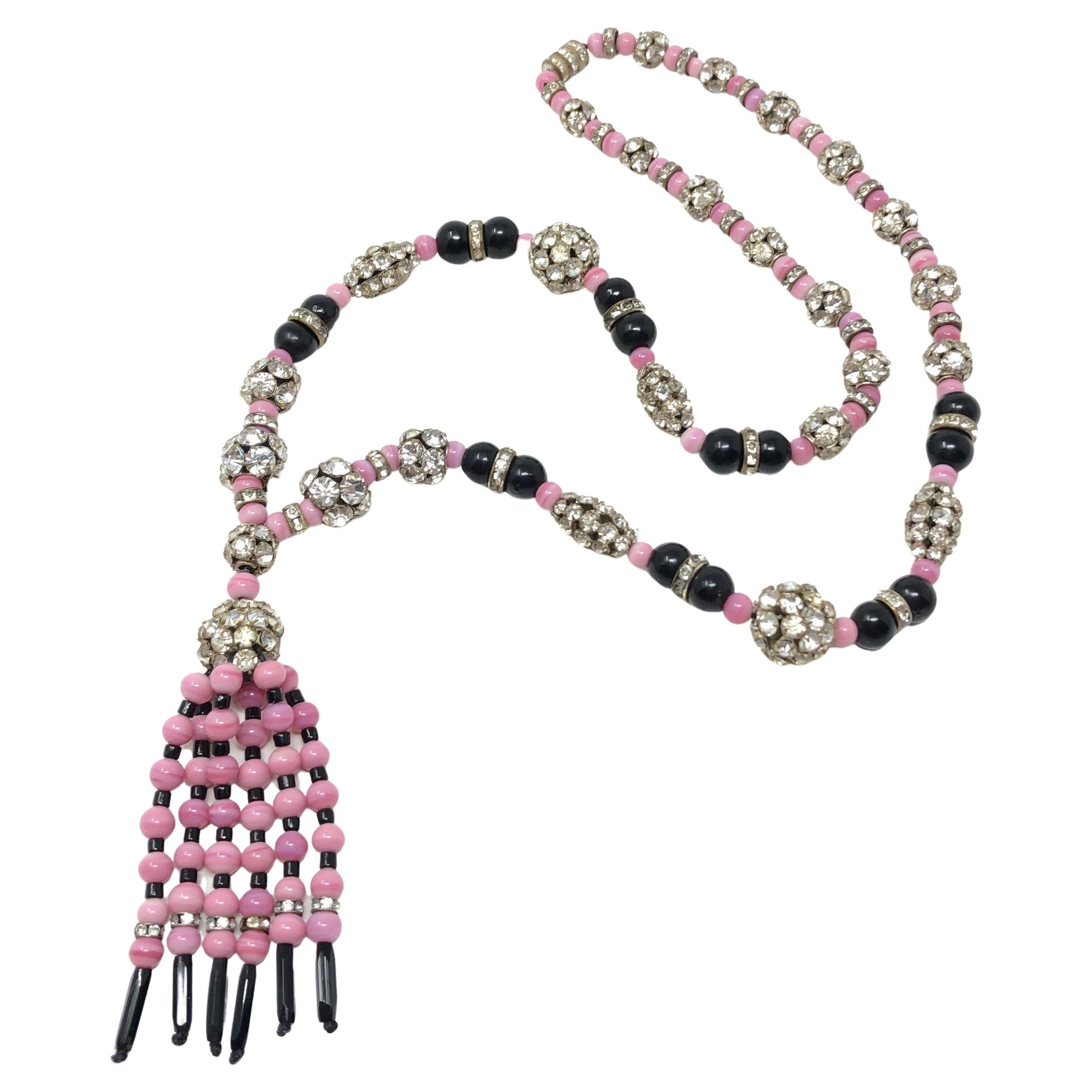 1920s Art Deco Pink and Black Glass Bead Rhinestone Vintage Flapper Necklace For Sale