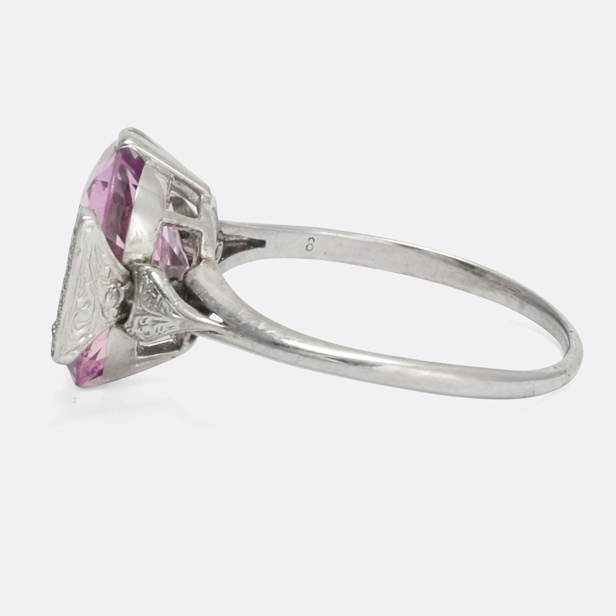 1920s Art Deco Pink Topaz Diamond Cocktail Ring In Excellent Condition In Sale, Cheshire