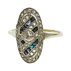 1920s Art Deco Platinum, 18k Yellow Gold, Diamond Sapphire Cocktail Marquise Ring