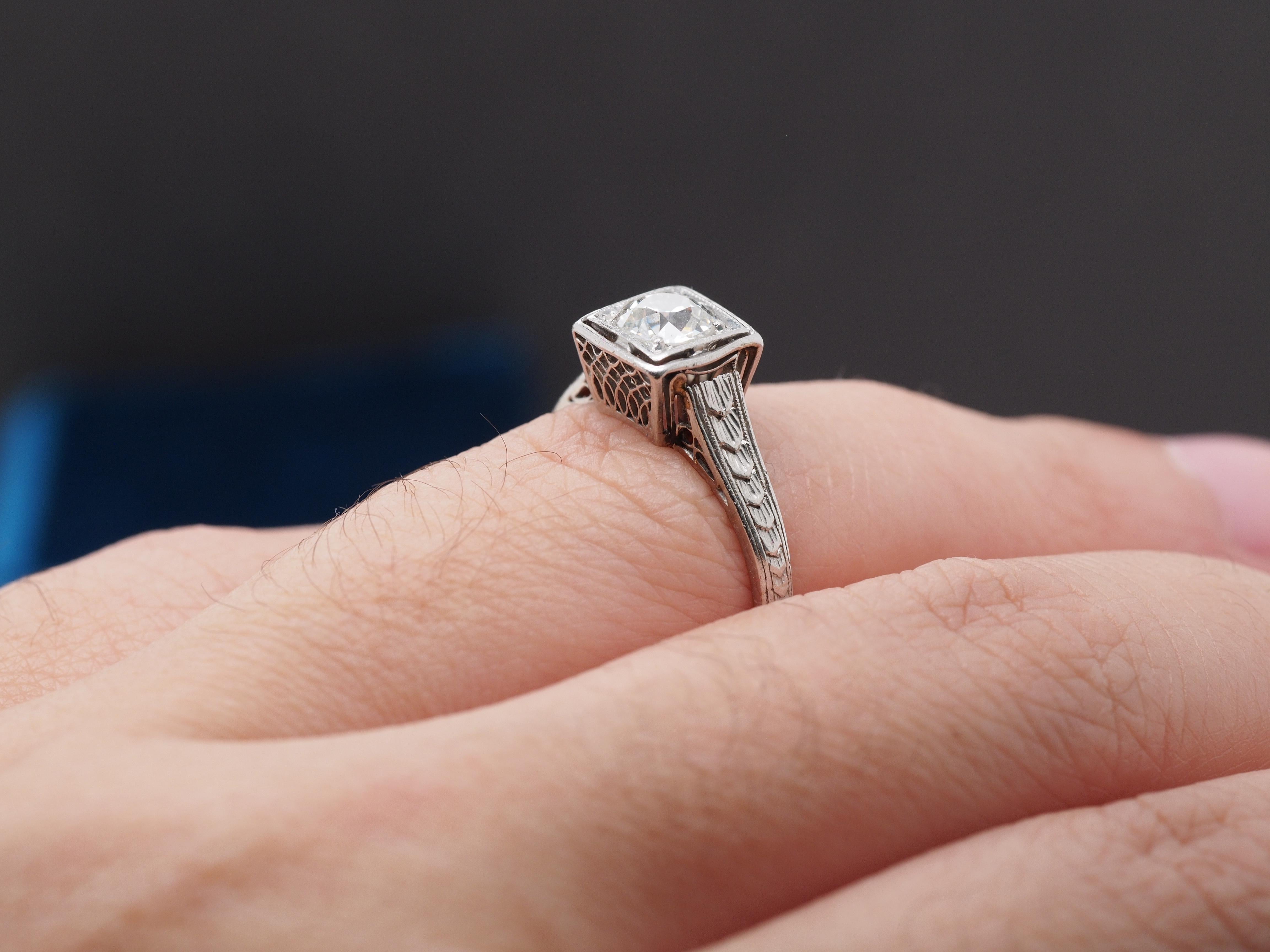 1920s Art Deco Platinum .50ct Old European Cut Diamond Engagement Ring For Sale 1