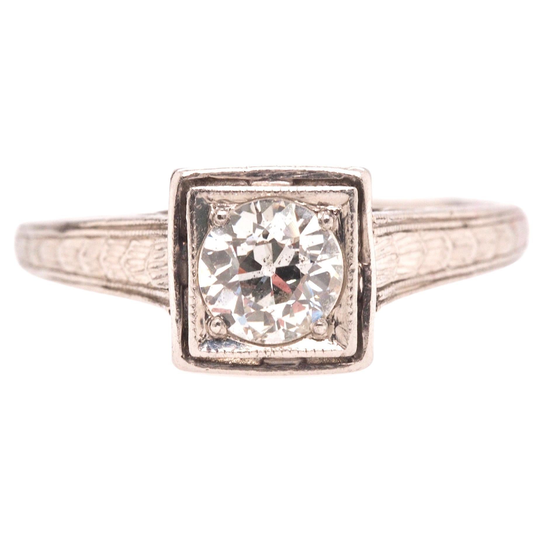 1920s Art Deco Platinum .50ct Old European Cut Diamond Engagement Ring For Sale