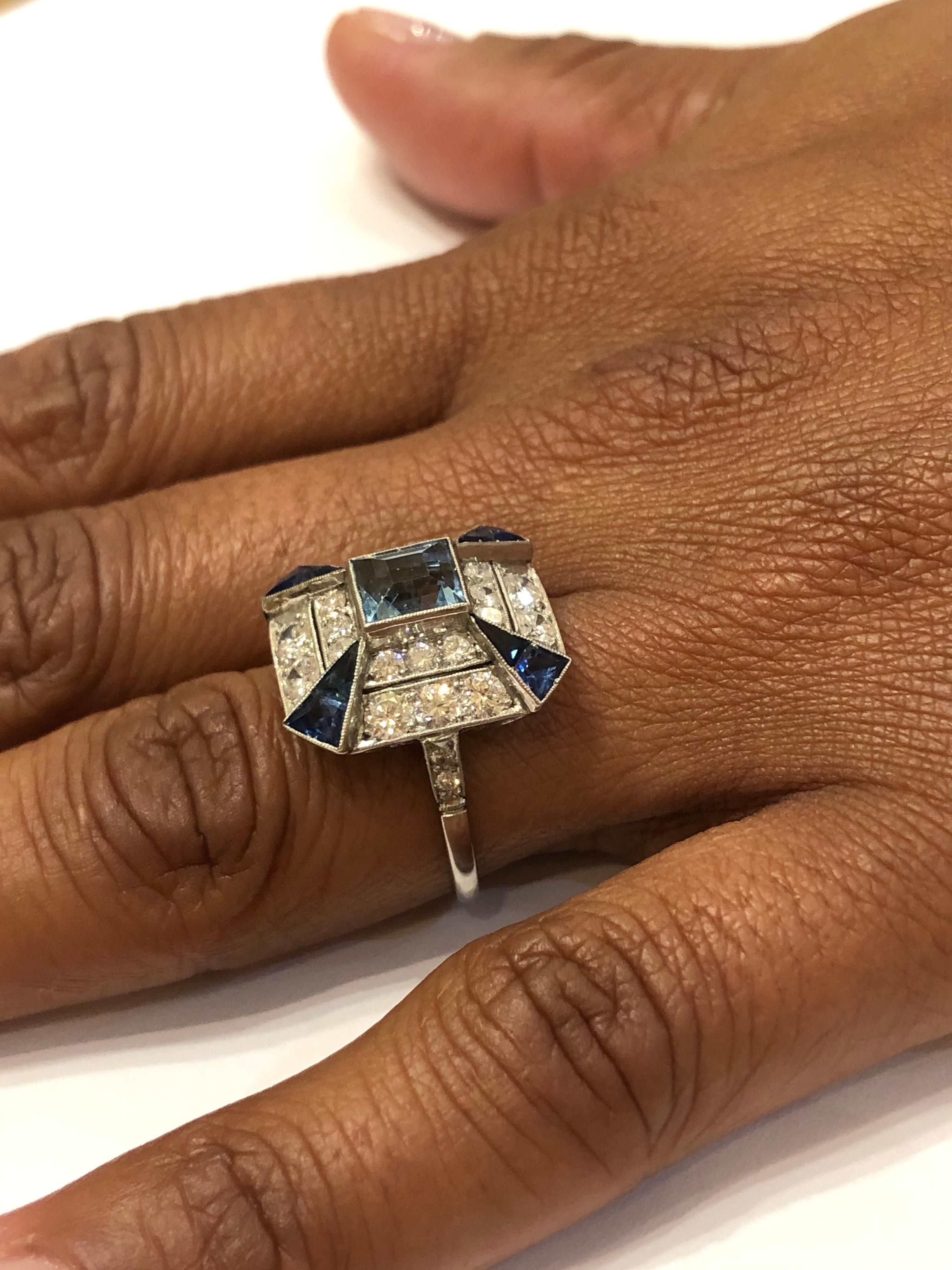 1930s Art Deco Platinum, Aquamarine, 1.4ct Diamonds and Sapphire Cocktail Ring 2