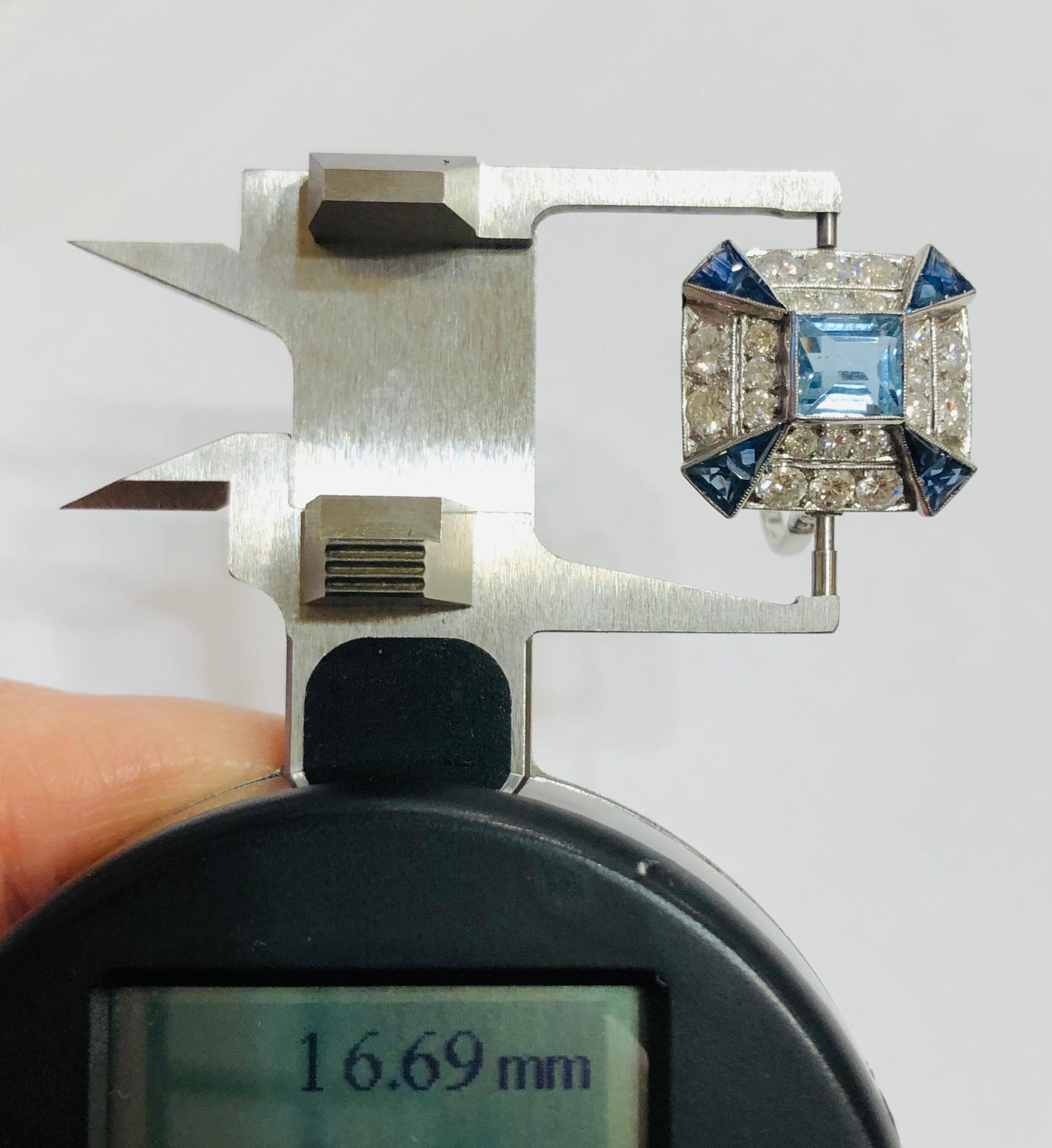 1930s Art Deco Platinum, Aquamarine, 1.4ct Diamonds and Sapphire Cocktail Ring 4