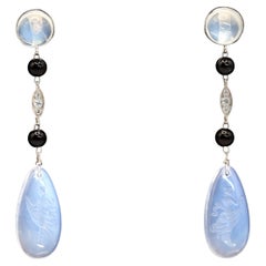 Antique 1920s Art Deco Platinum Carved Moonstone Diamond Onyx Drop Earrings