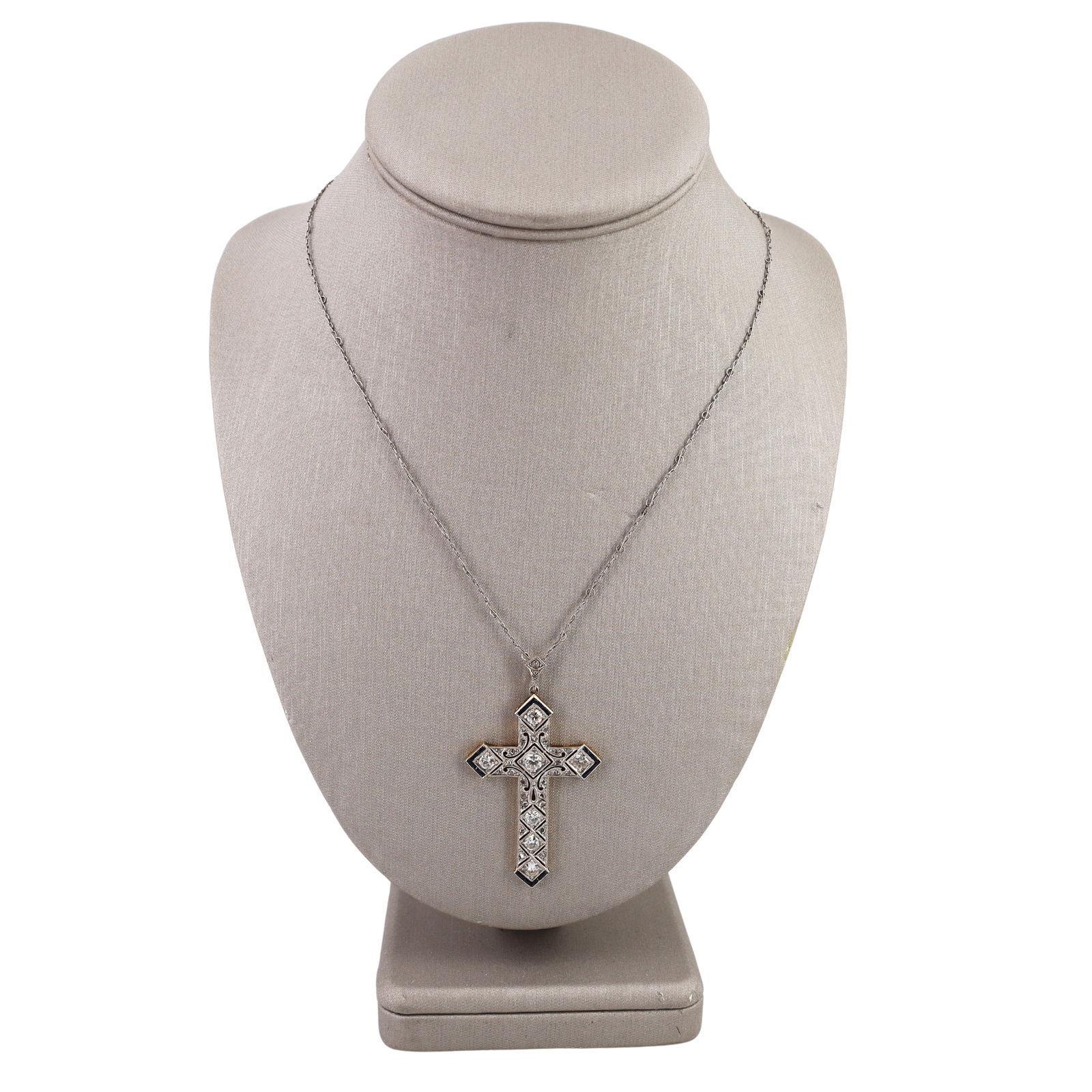 Old Mine Cut 1920s Art Deco Platinum Cross Pendant Necklace with Diamonds and Sapphires For Sale