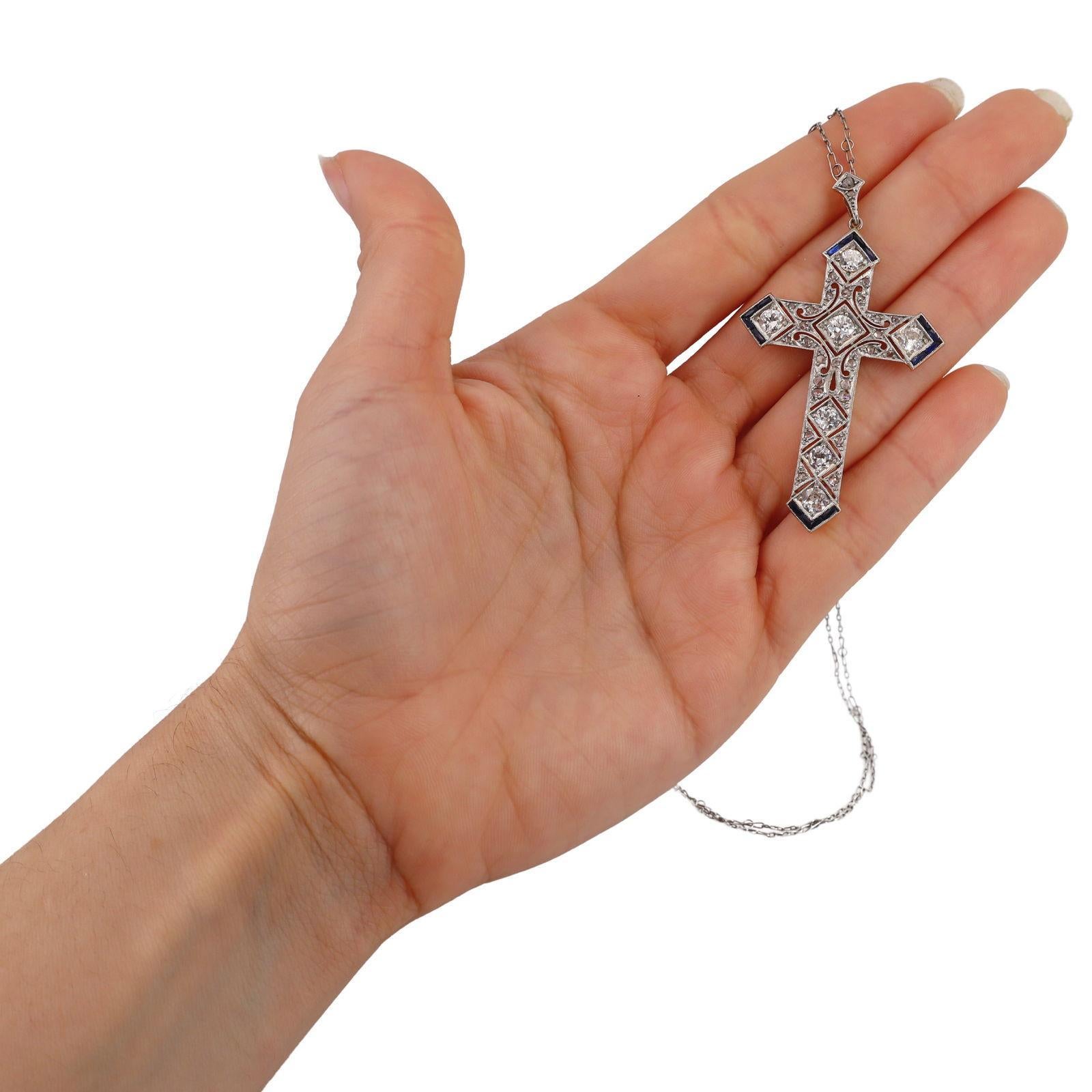 1920s Art Deco Platinum Cross Pendant Necklace with Diamonds and Sapphires In Excellent Condition For Sale In Aventura, FL