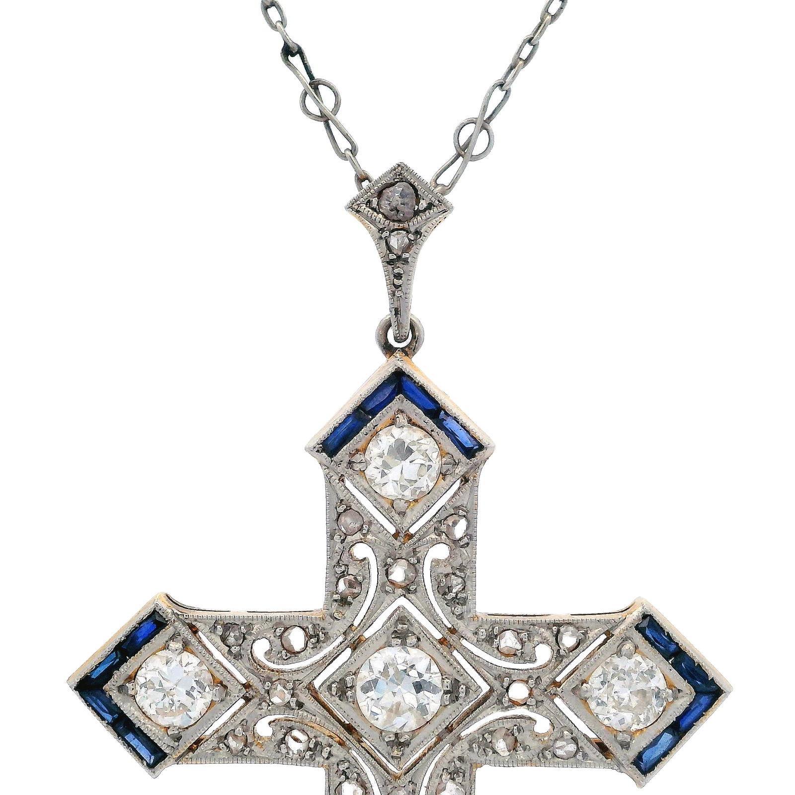 Women's or Men's 1920s Art Deco Platinum Cross Pendant Necklace with Diamonds and Sapphires For Sale