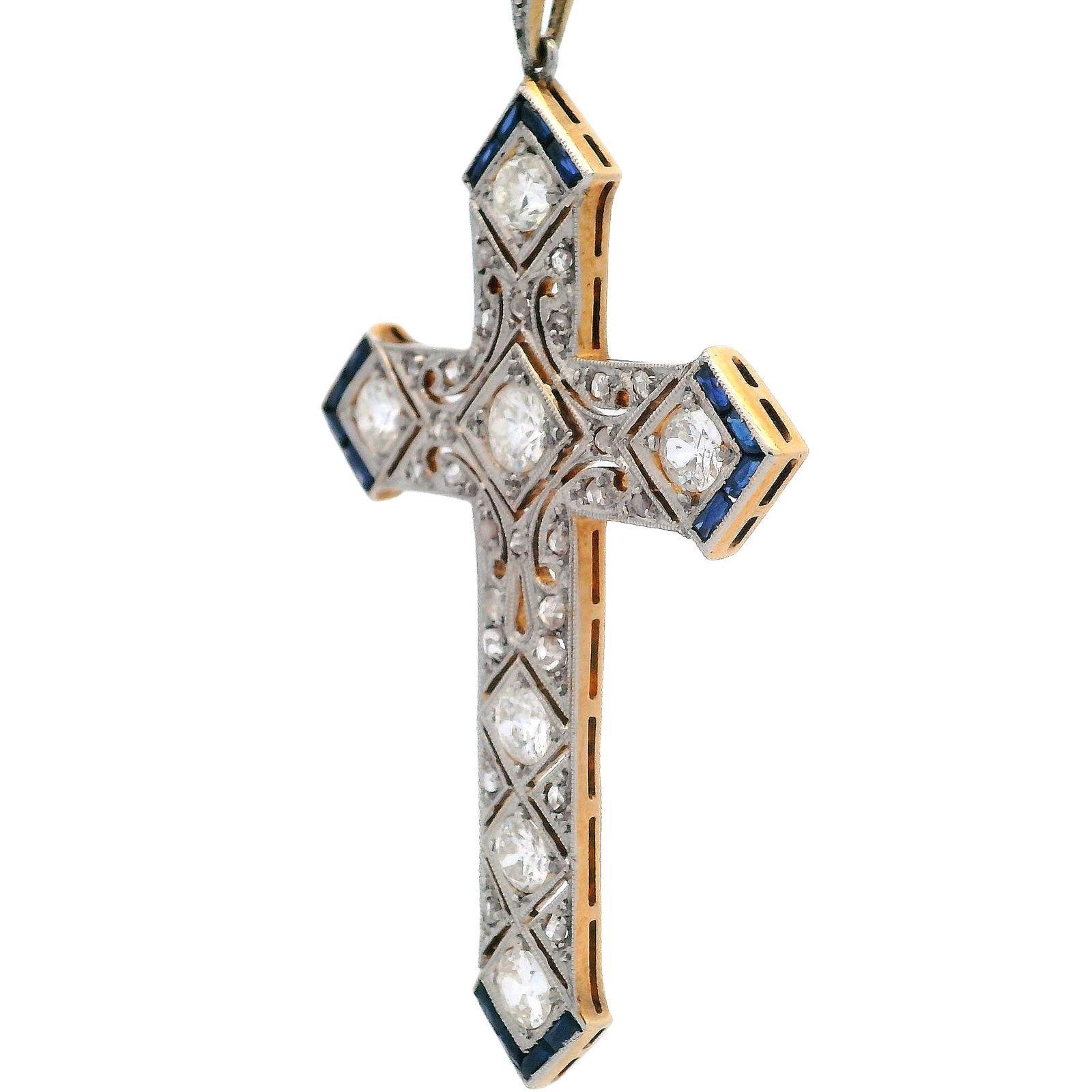 1920s Art Deco Platinum Cross Pendant Necklace with Diamonds and Sapphires For Sale 1