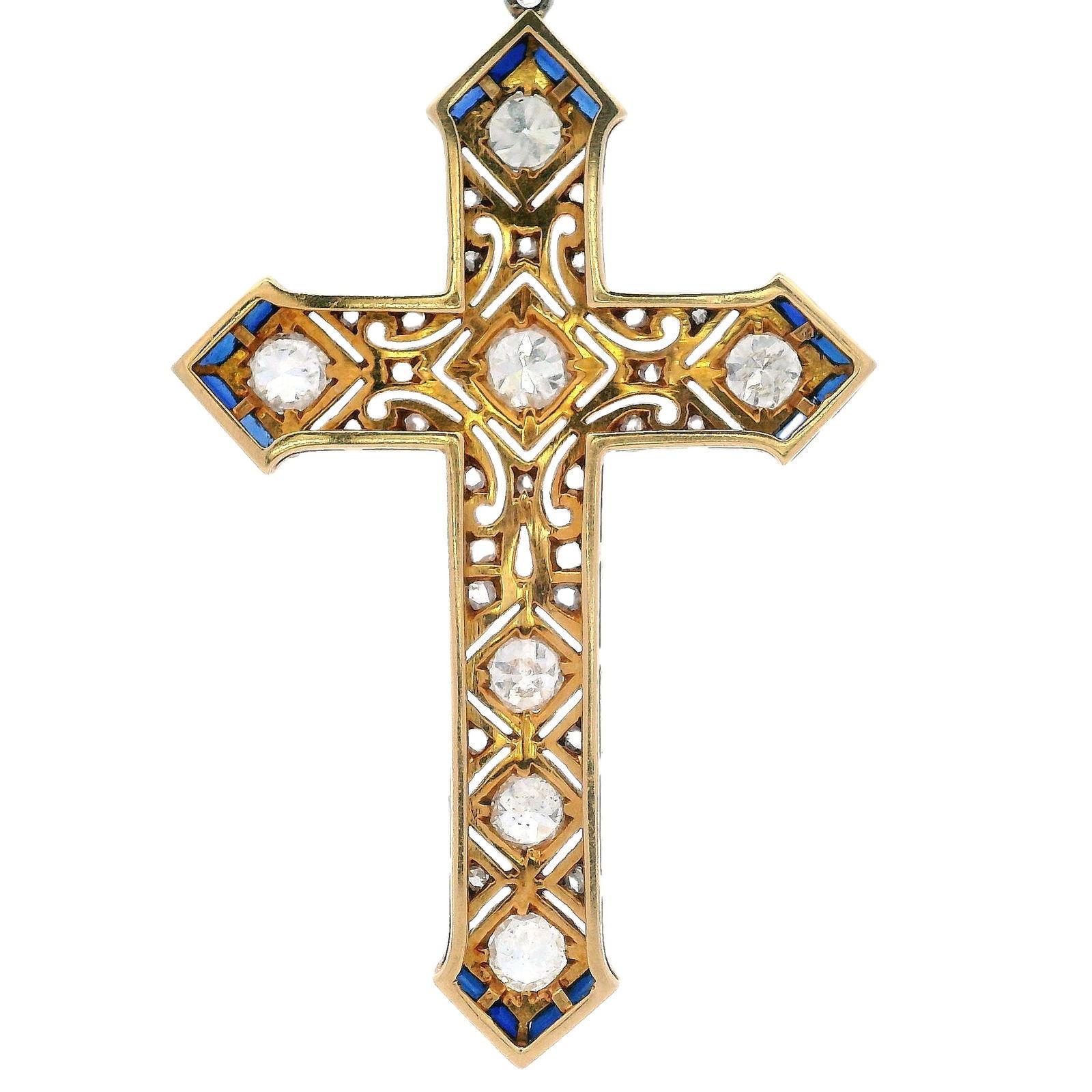 1920s Art Deco Platinum Cross Pendant Necklace with Diamonds and Sapphires For Sale 3