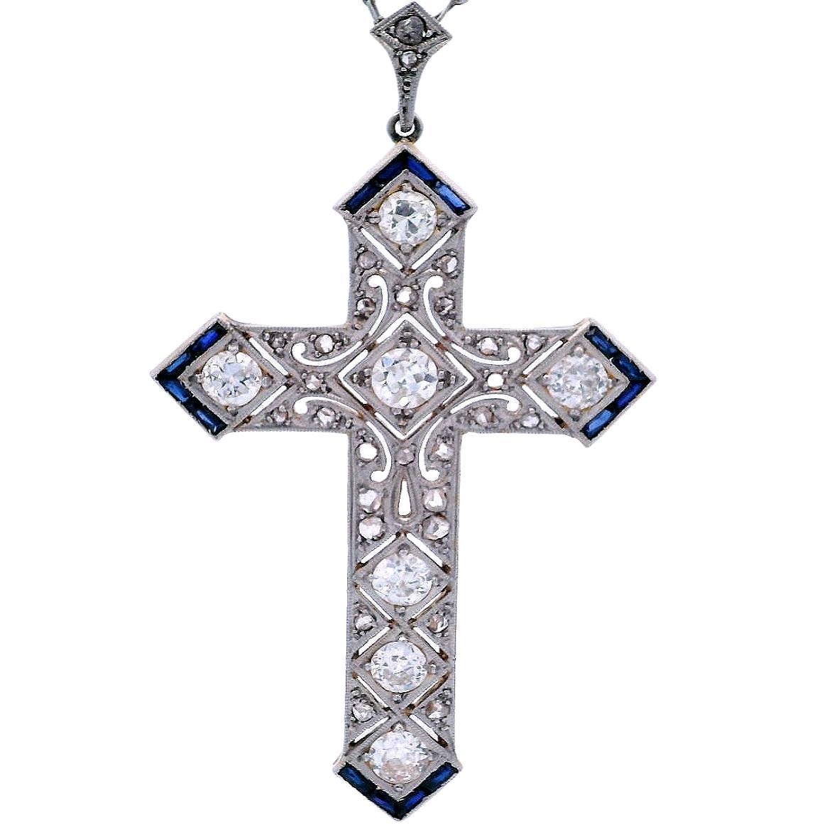 1920s Art Deco Platinum Cross Pendant Necklace with Diamonds and Sapphires