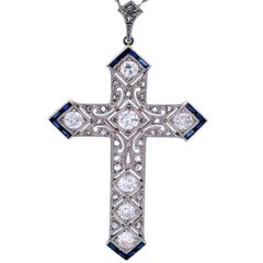 1920s Art Deco Platinum Cross Pendant Necklace with Diamonds and Sapphires