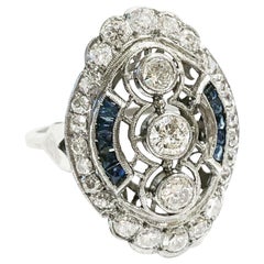 1920s Art Deco Platinum, Diamond and Blue Sapphire Cocktail Ring