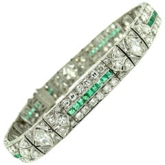 Antique 1920s Art Deco Platinum Diamond and Emerald Bracelet