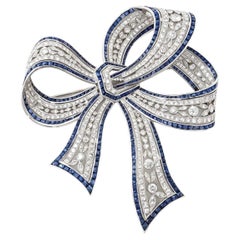 1920's Art Deco Platinum Diamond and Sapphire Bow Brooch