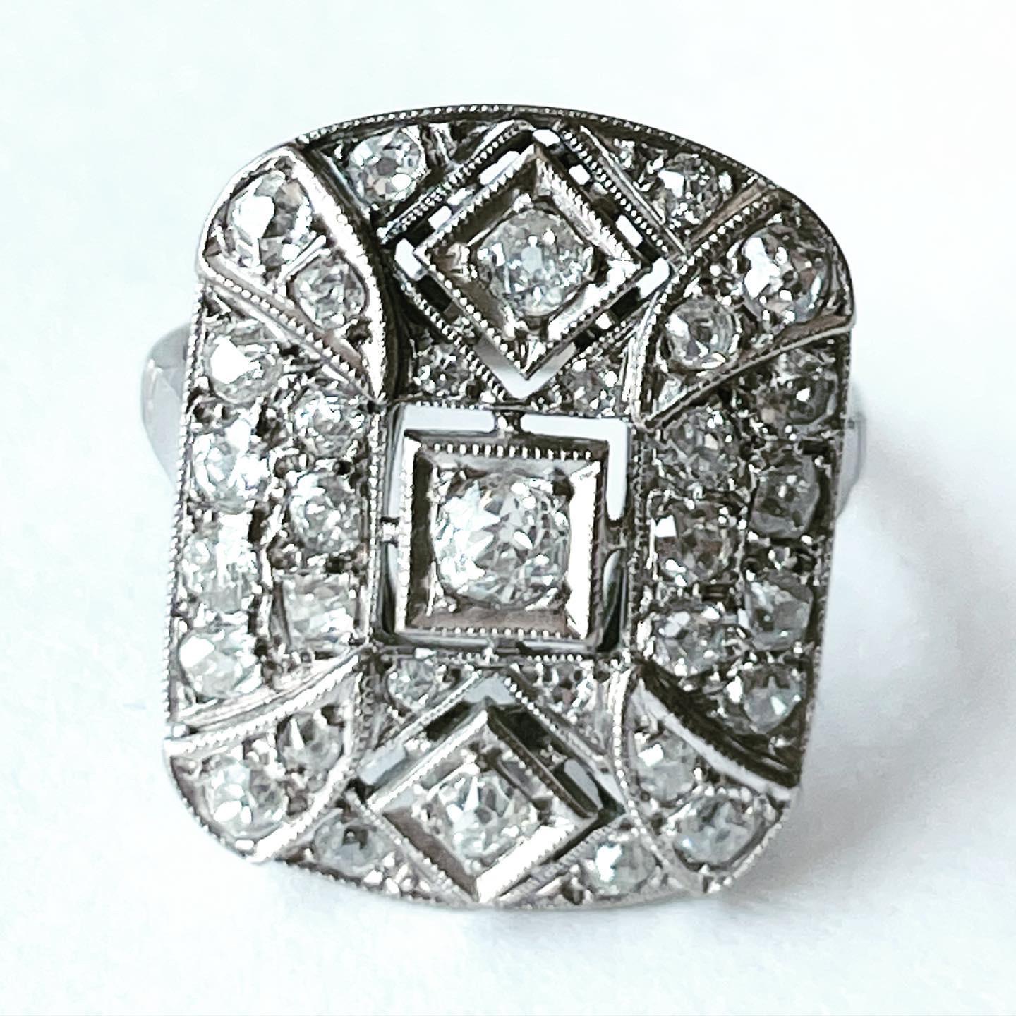 Women's or Men's 1930s Art Deco Platinum Diamond Antique Bridal Fashion Ring
