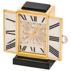 1920s Art Deco Platinum Diamond Enamel Gold Shutter Clock