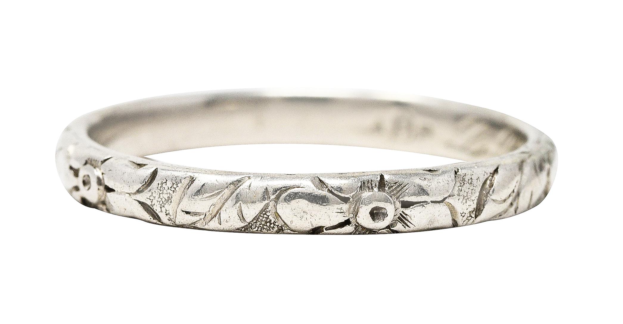 Women's or Men's 1920's Art Deco Platinum Engraved Orange Blossom Wedding Band Ring