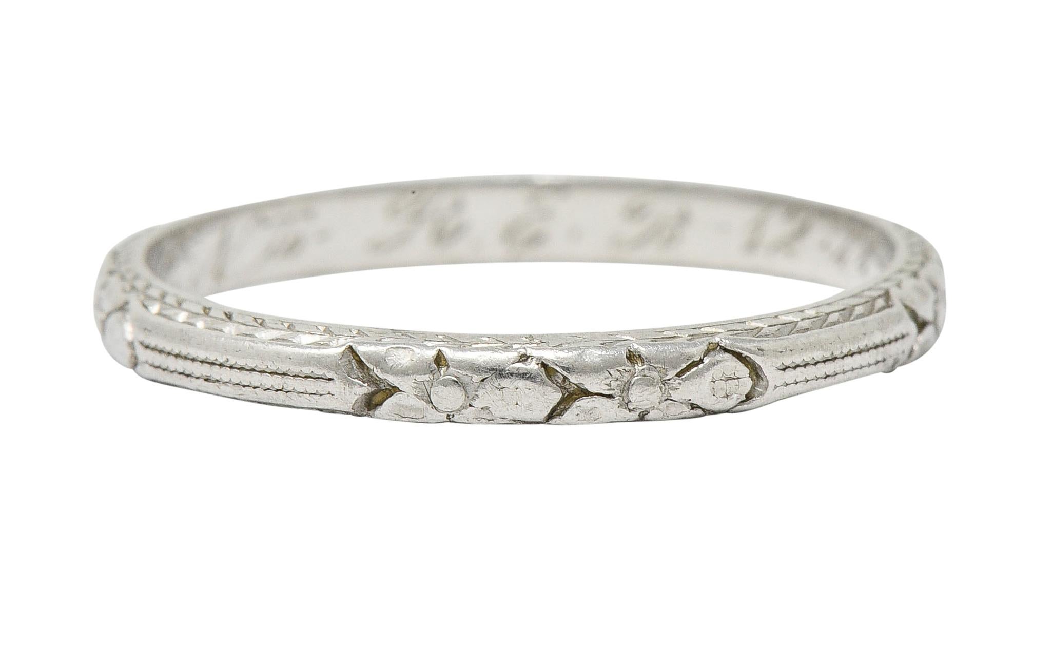 Women's or Men's 1920s Art Deco Platinum Flower and Wheat Band Ring