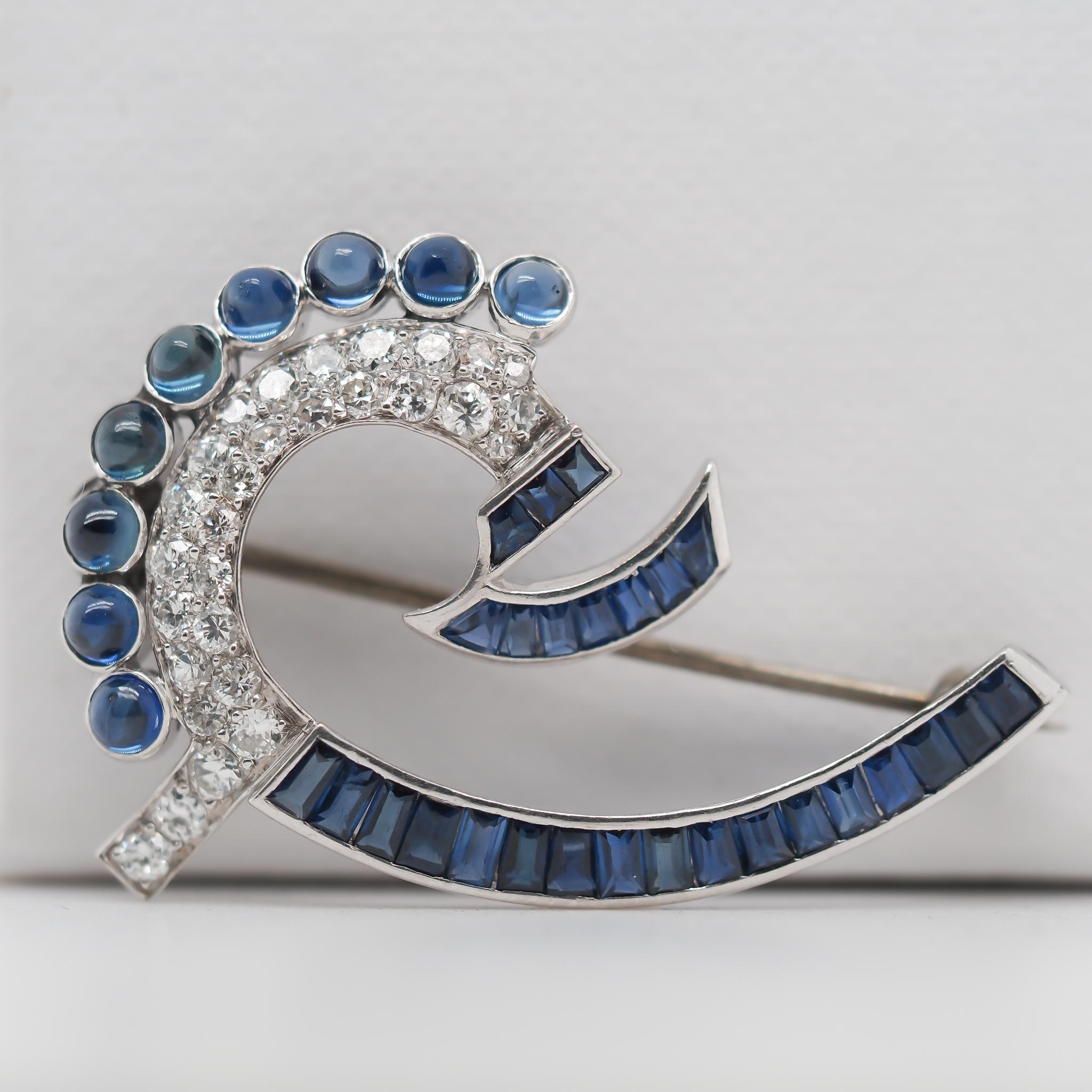 Item Details:
Metal Type: Platinum [Hallmarked, and Tested]
Weight: 4.4 grams
Diamond Details: .25cttw, F color, VS Clarity, Old European
Sapphire Details: Natural Sapphires, Cabachon Shape and Baguette Shape, Blue, 2.00cttw.
Pin