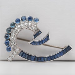 1920s Art Deco Platinum Sapphire and Diamond Brooch