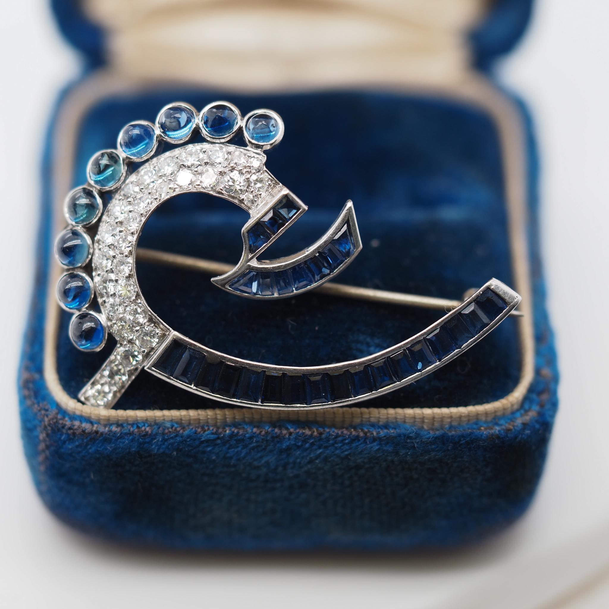 1920s Art Deco Platinum Sapphire and Diamond Brooch For Sale 3