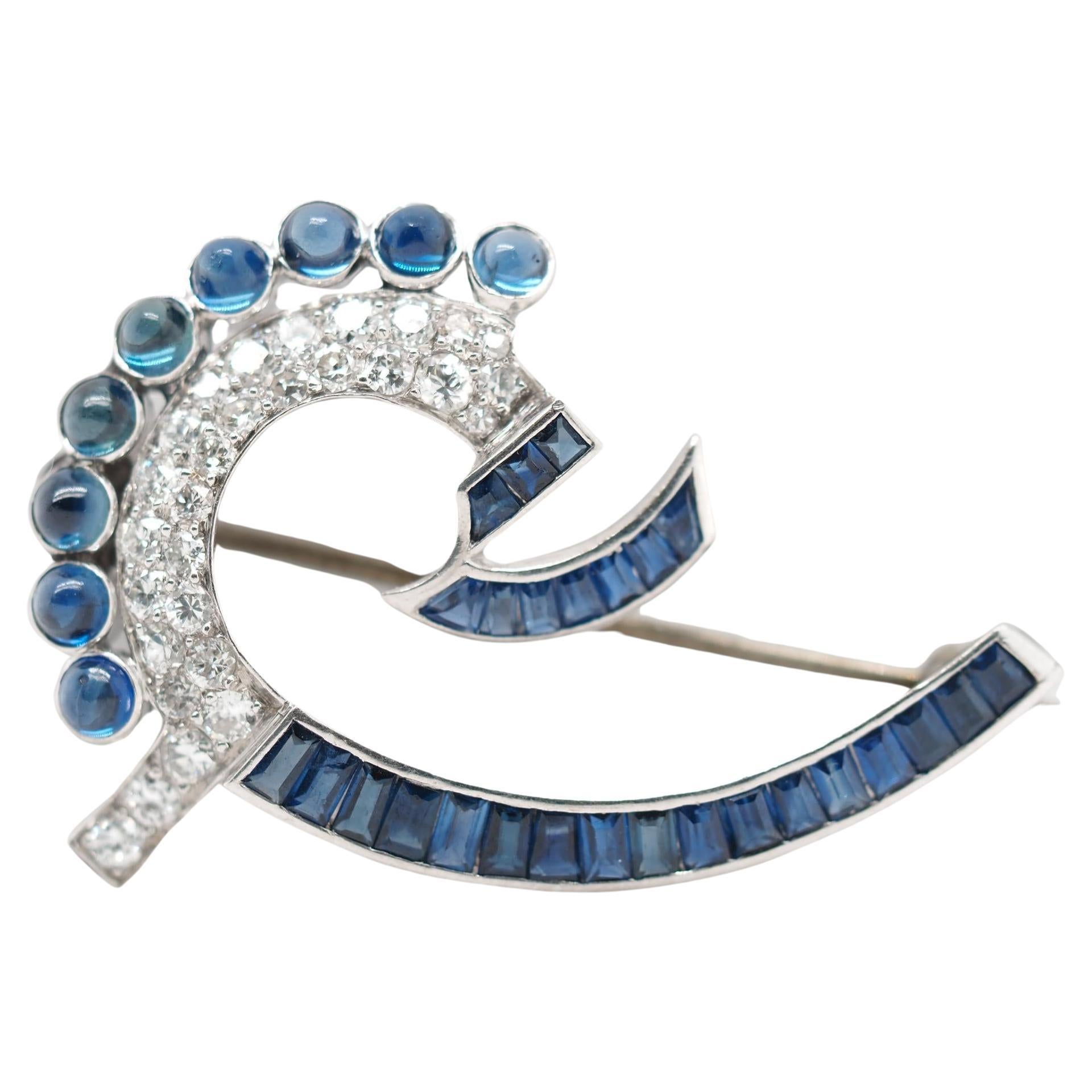 1920s Art Deco Platinum Sapphire and Diamond Brooch