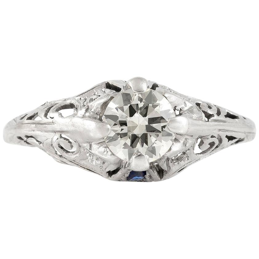1920s Art Deco Platinum with 0.67 Carat Diamond and Sapphire Engagement Ring For Sale