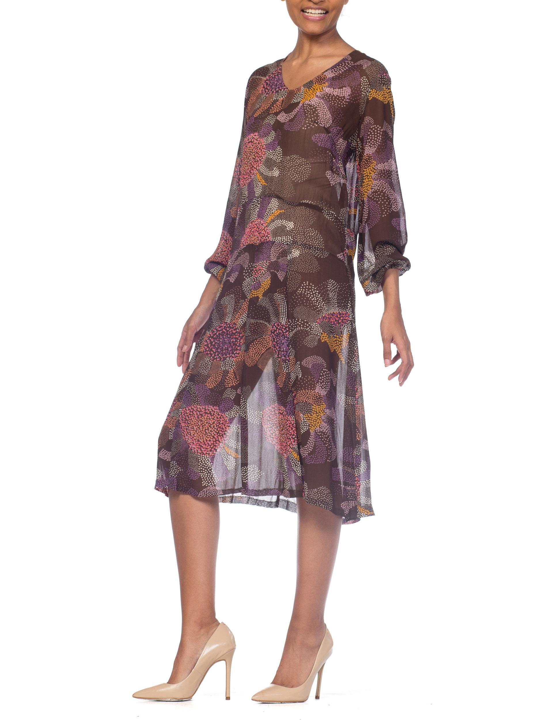 1920S Brown & Pink Silk Chiffon Abstract Polka Dot Floral Long Sleeve Dress For Sale 4